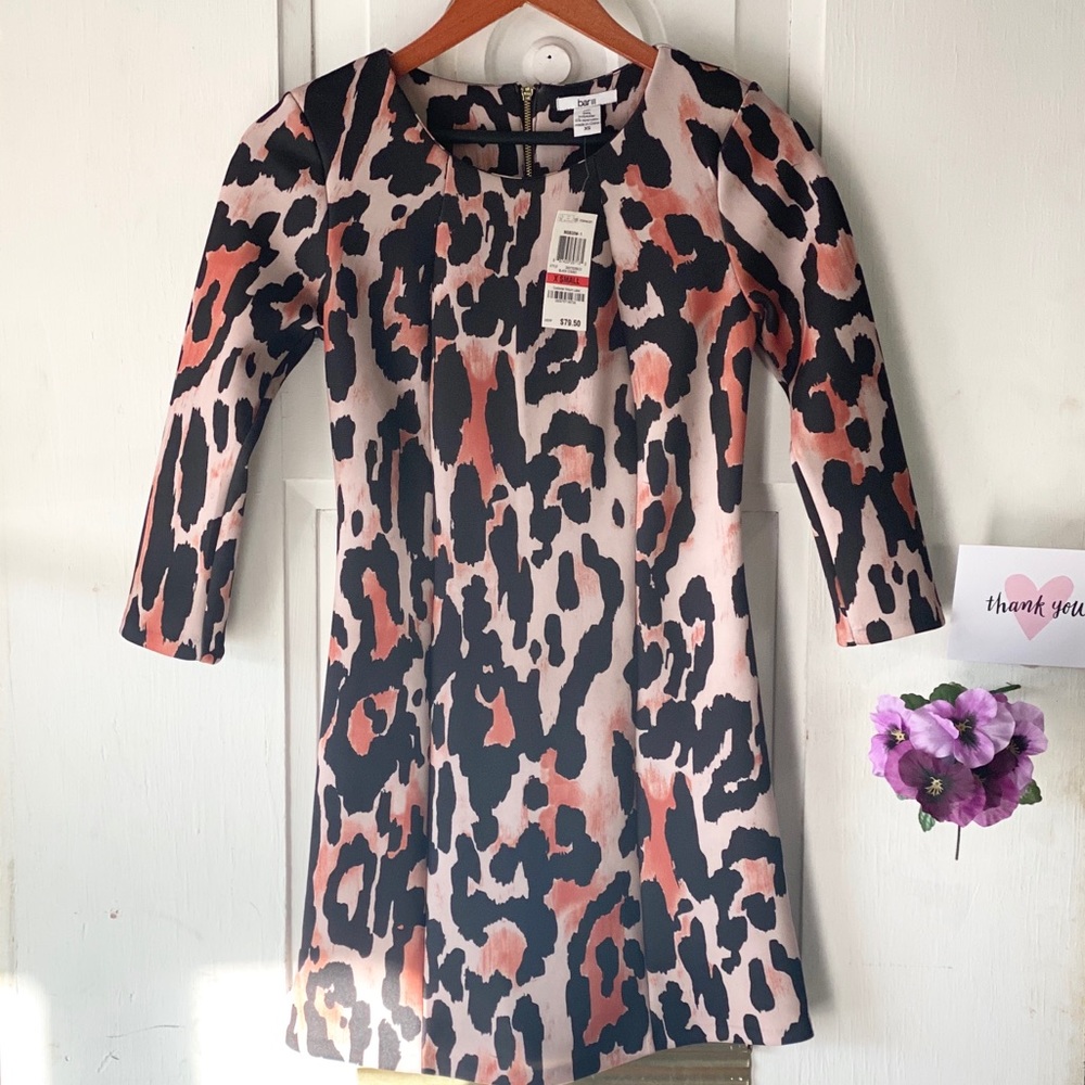 NWT Barr III cheetah animal, print dress size xs 3/4 sleeves mini party work